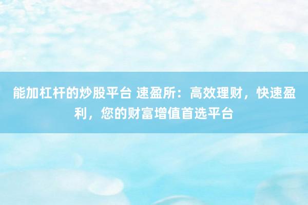能加杠杆的炒股平台 速盈所：高效理财，快速盈利，您的财富增值首选平台